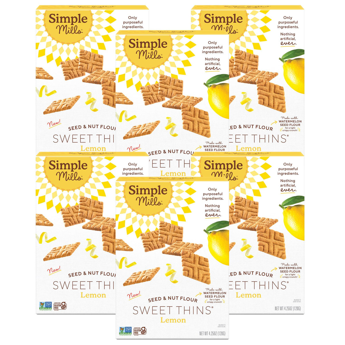 Simple Mills Lemon Seed & Nut Flour Sweet Thins pack of six on counter, a light lemon snack.