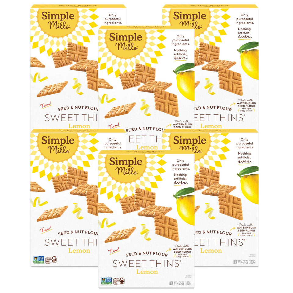 Simple Mills Lemon Seed & Nut Flour Sweet Thins pack of six on counter, a light lemon snack.
