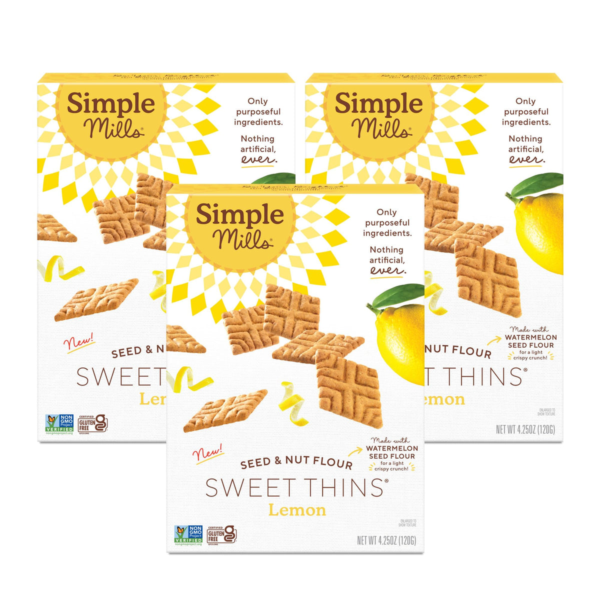Simple Mills Lemon Seed & Nut Flour Sweet Thins packaging for a paleo-friendly snack on the go.