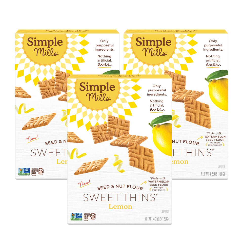 Simple Mills Lemon Seed & Nut Flour Sweet Thins packaging for a paleo-friendly snack on the go.