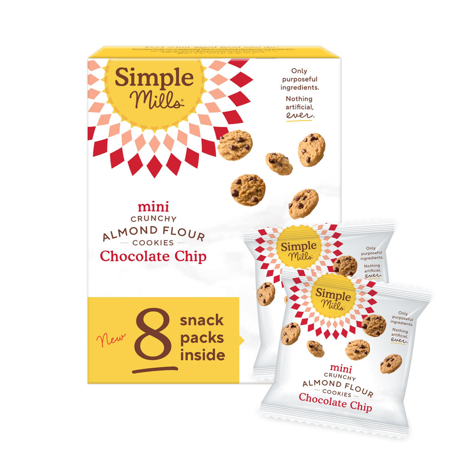 Simple Mills mini chocolate chip cookie snack pack in foil wrap for on-the-go snacking.