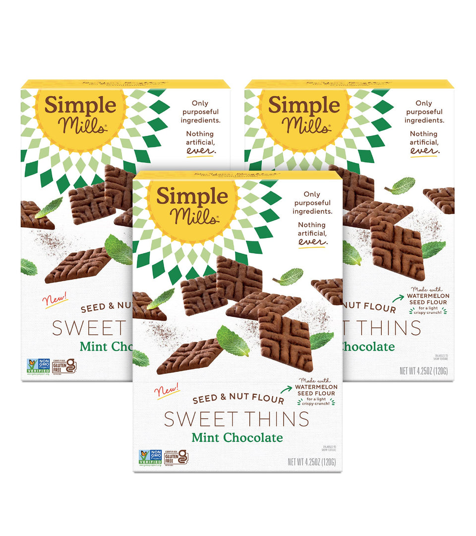 Simple Mills Mint Chocolate Sweet Thins pack front view for convenient snacking.