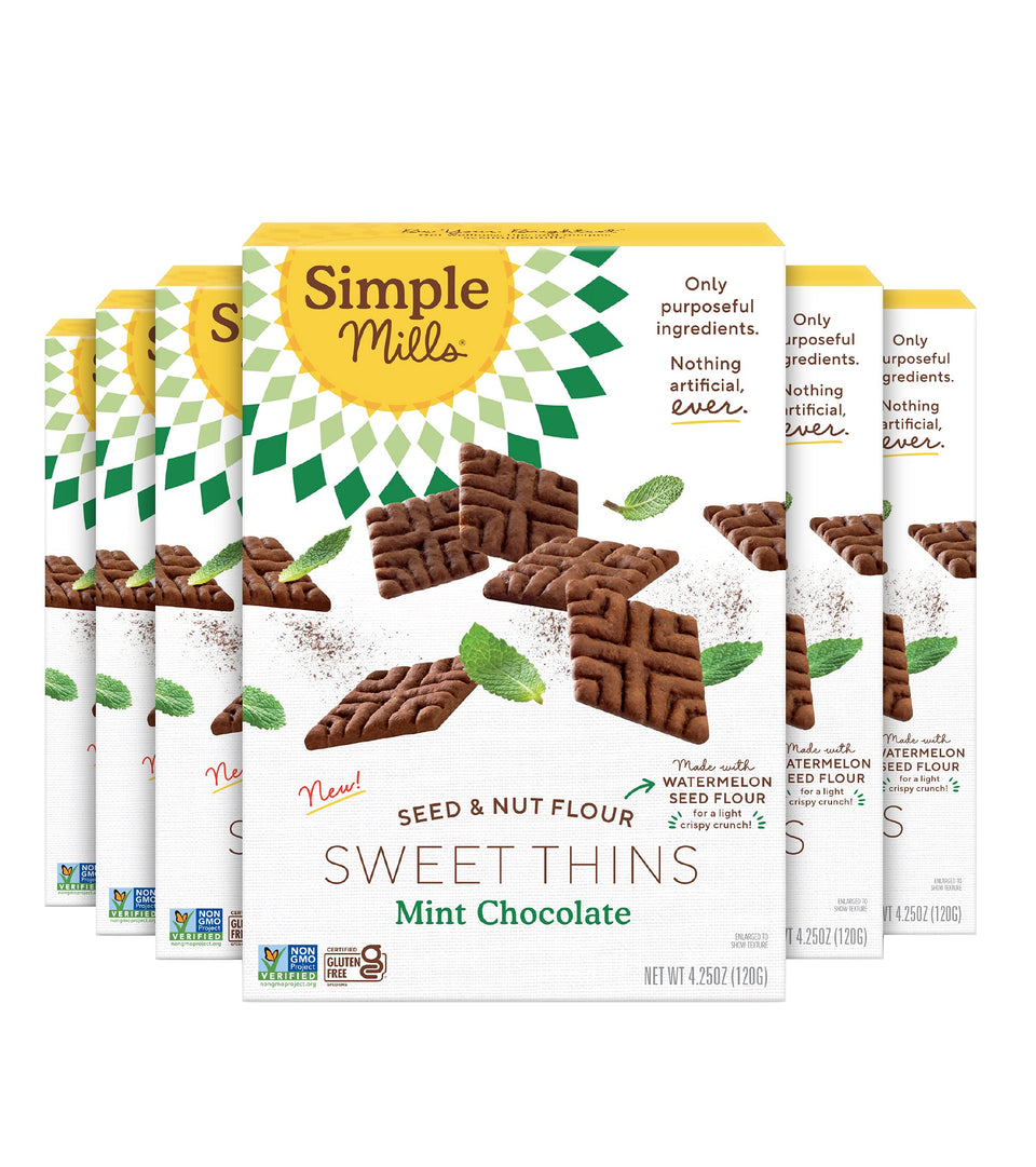 Simple Mills Mint Chocolate Sweet Thins front view, gluten-free snack option for mindful snacking.