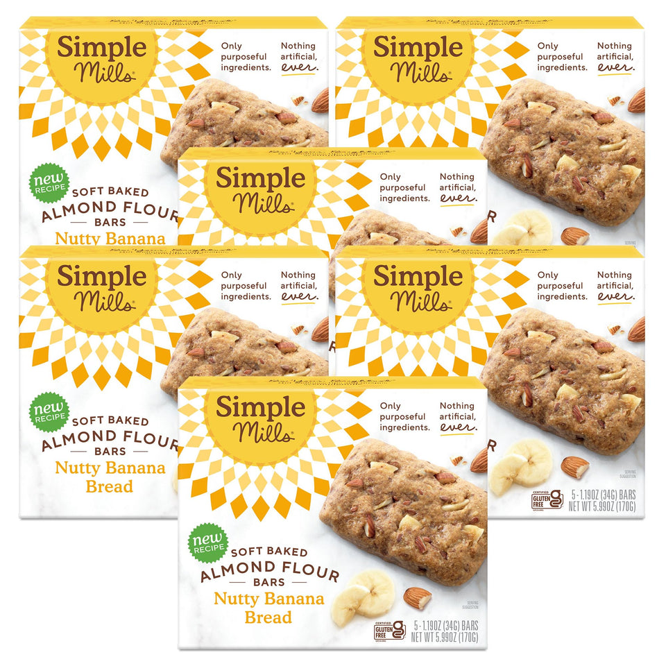 Simple Mills Nutty Banana Bread almond flour bars packaging, gluten-free snack option