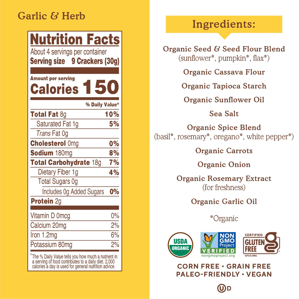 Ingredient panel on Simple Mills crackers showing non-GMO and grain-free attributes