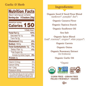 Ingredient panel on Simple Mills crackers showing non-GMO and grain-free attributes
