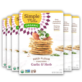 Simple Mills Garlic & Herb Organic Seed Crackers packaging showing gluten-free promise