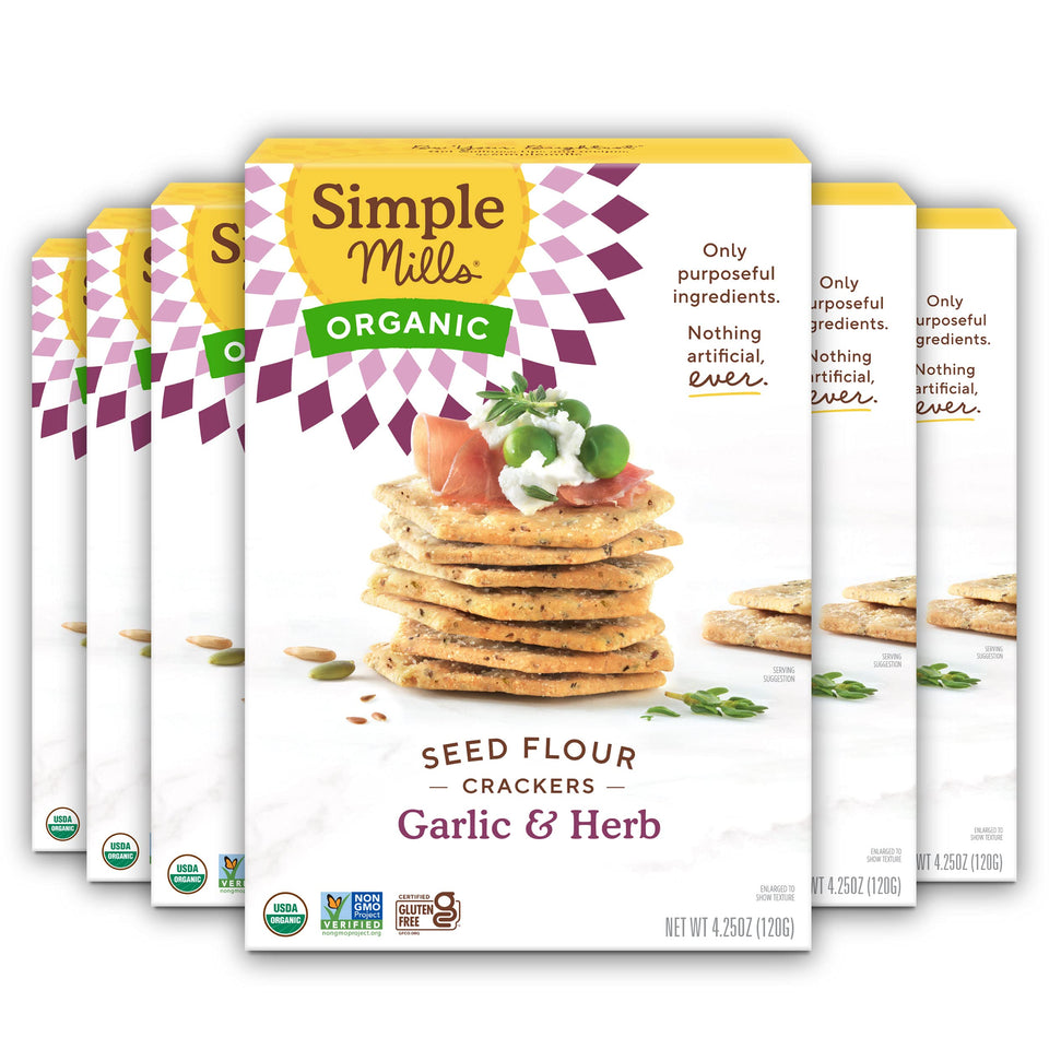 Simple Mills Garlic & Herb Organic Seed Crackers packaging showing gluten-free promise