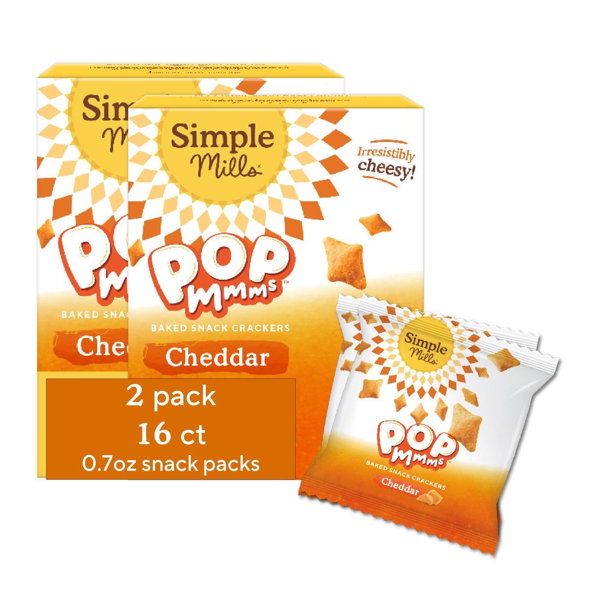 Simple Mills Pop Mmms Cheddar snack-pack box for pantry stocking and kid-friendly crunch.