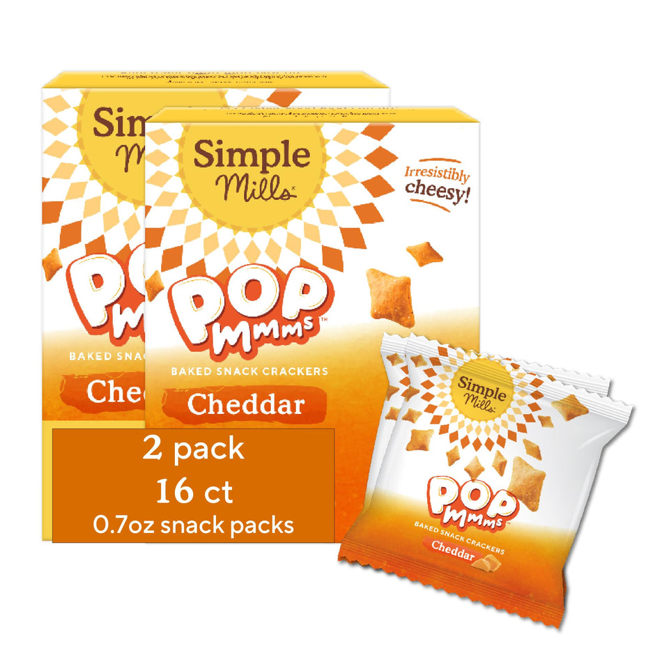 Simple Mills Pop Mmms Cheddar snack-pack box for pantry stocking and kid-friendly crunch.