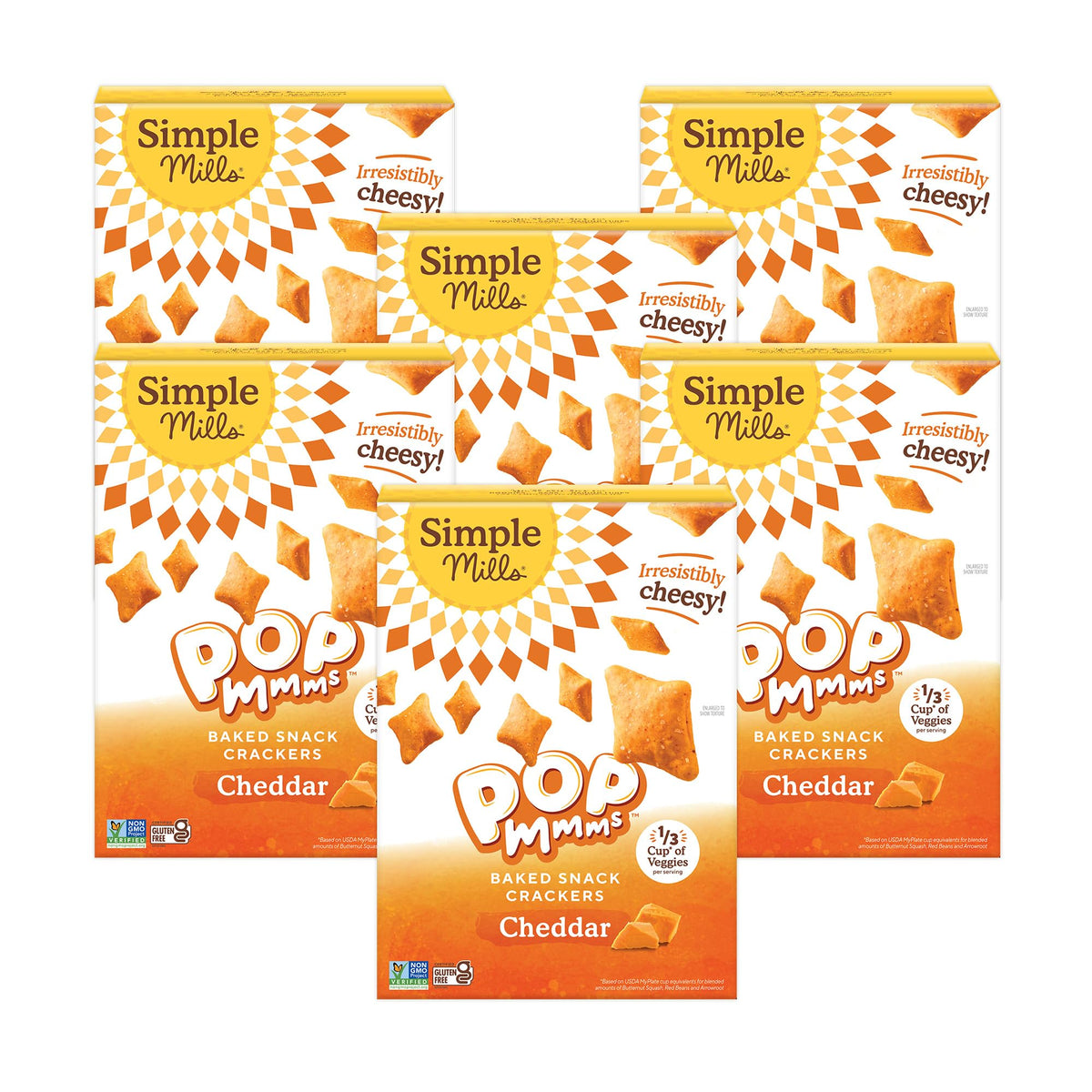 Simple Mills Pop Mmms cheddar veggie flour crackers box front, gluten-free snack option.
