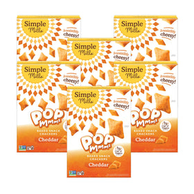 Simple Mills Pop Mmms cheddar veggie flour crackers box front, gluten-free snack option.