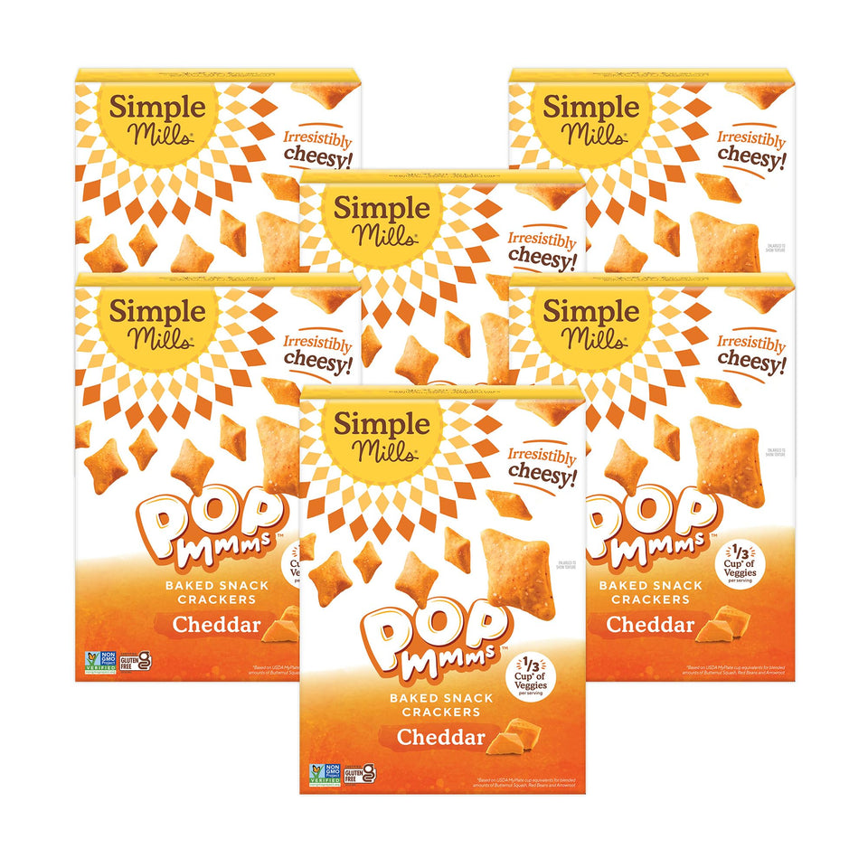Simple Mills Pop Mmms cheddar veggie flour crackers box front, gluten-free snack option.