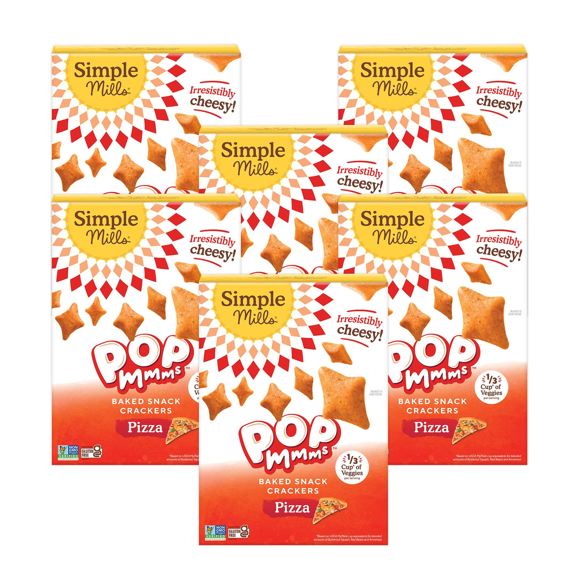 Simple Mills Pop Mmms Pizza crackers box front; gluten-free snack option.