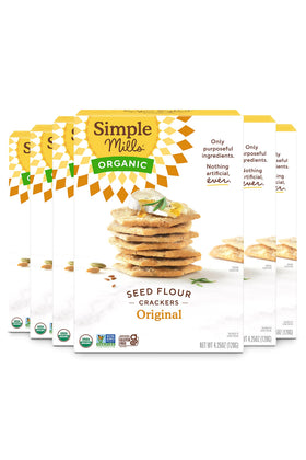 Simple Mills Seed Crackers Original box demonstrate gluten-free, family-friendly snacking.
