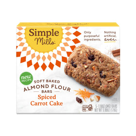 Simple Mills Spiced Carrot Cake Bar packaging shown as a gluten-free snack option.