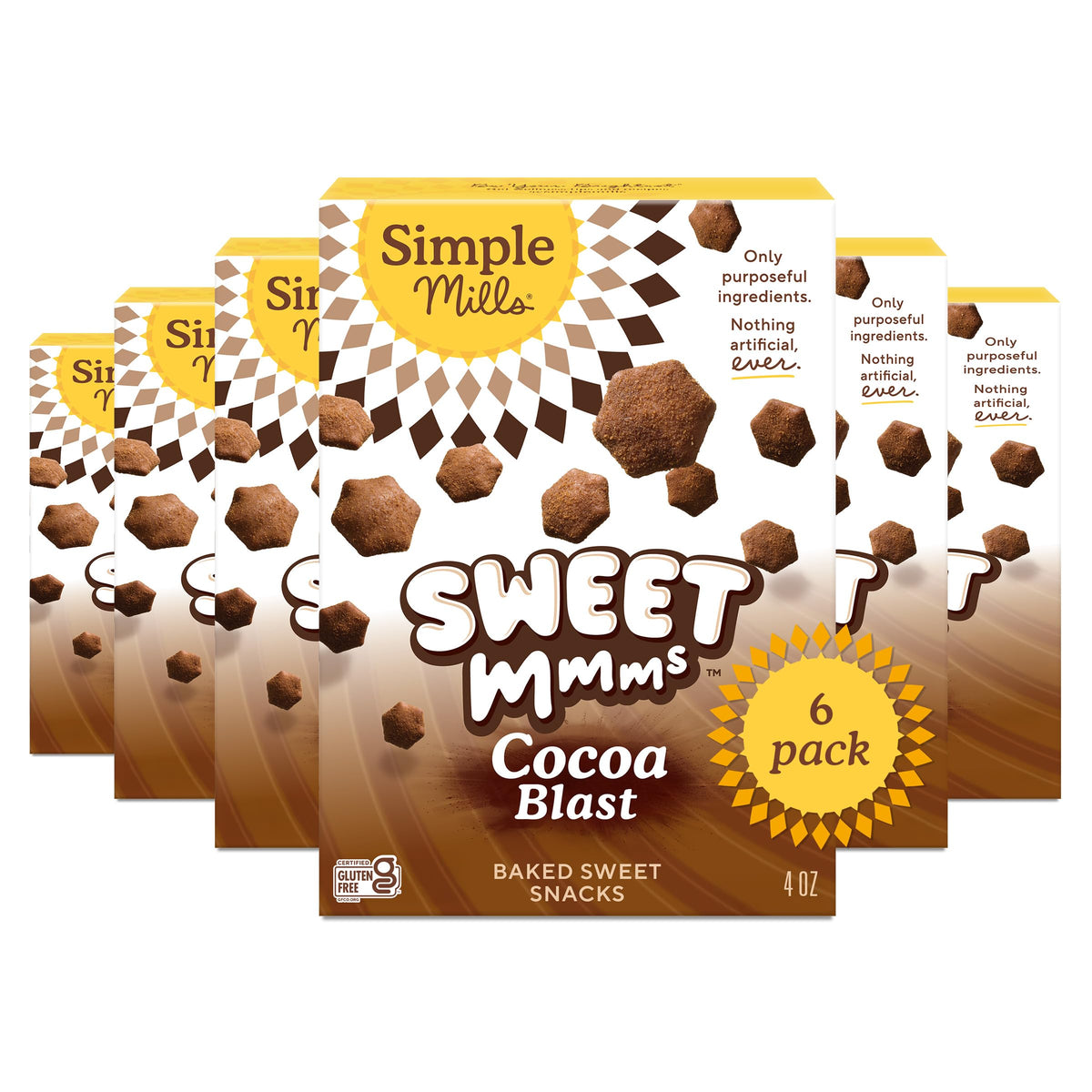 Simple Mills Sweet Mmms Cocoa Blast bites in a resealable pack for on-the-go gluten-free snacking.