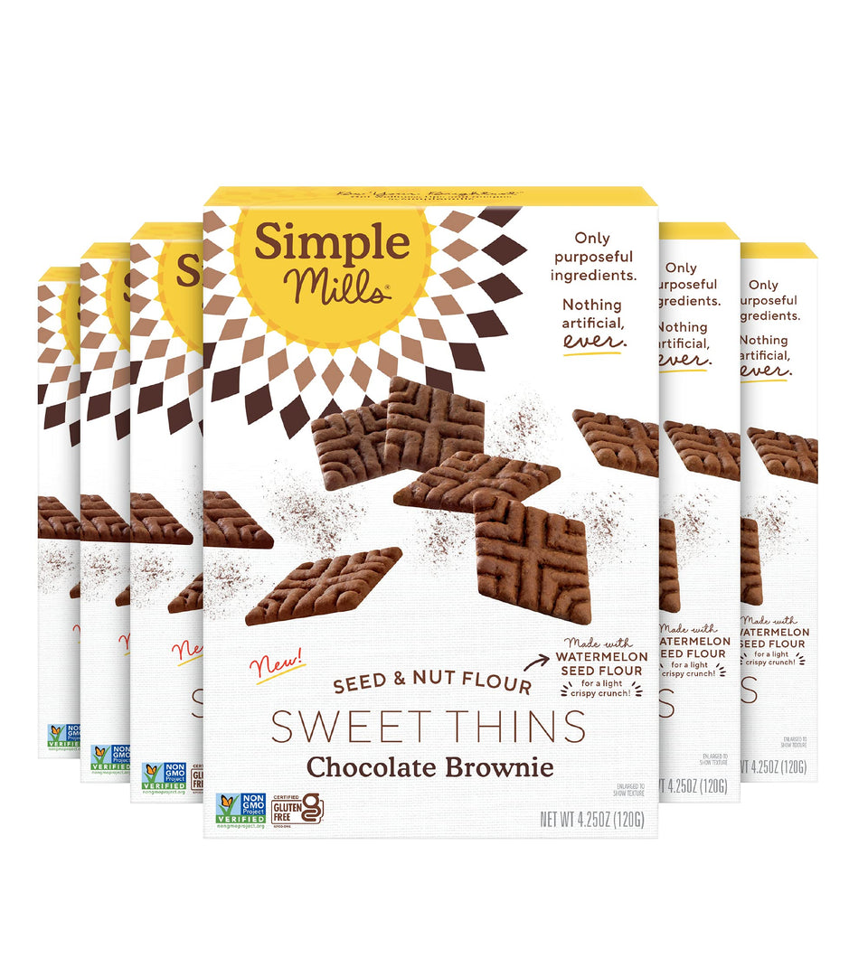 Simple Mills Sweet Thins Chocolate Brownie pack, gluten-free snack ready to grab.