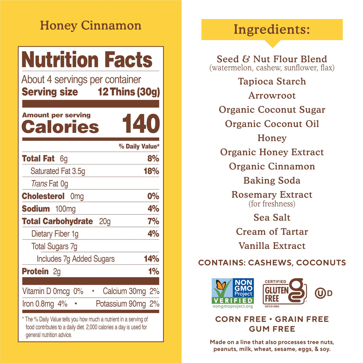Serving size note shows 12 thins per serving for a light snack.