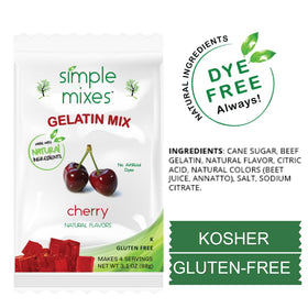 Simple Mixes Cherry Gelatin Dessert carton closeup highlights easy four-serving portions.