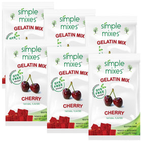 Simple Mixes Cherry Gelatin Dessert pack front shows natural color and family-friendly prep.