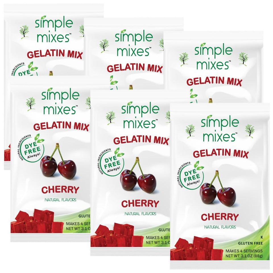 Simple Mixes Cherry Gelatin Dessert pack front shows natural color and family-friendly prep.