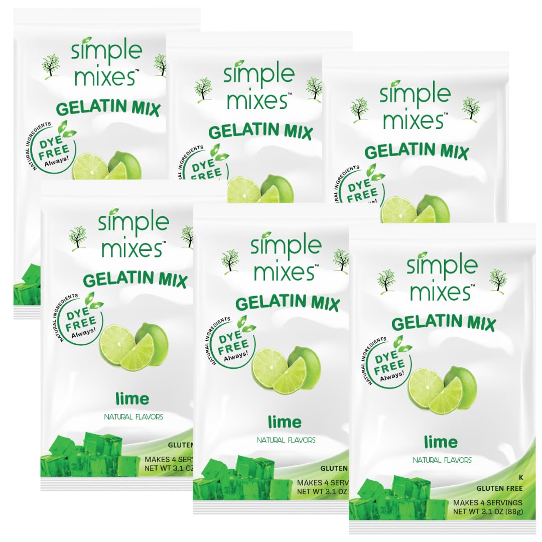 Simple Mixes lime gelatin dessert jar closeup; vibrant lime color for easy family treats.