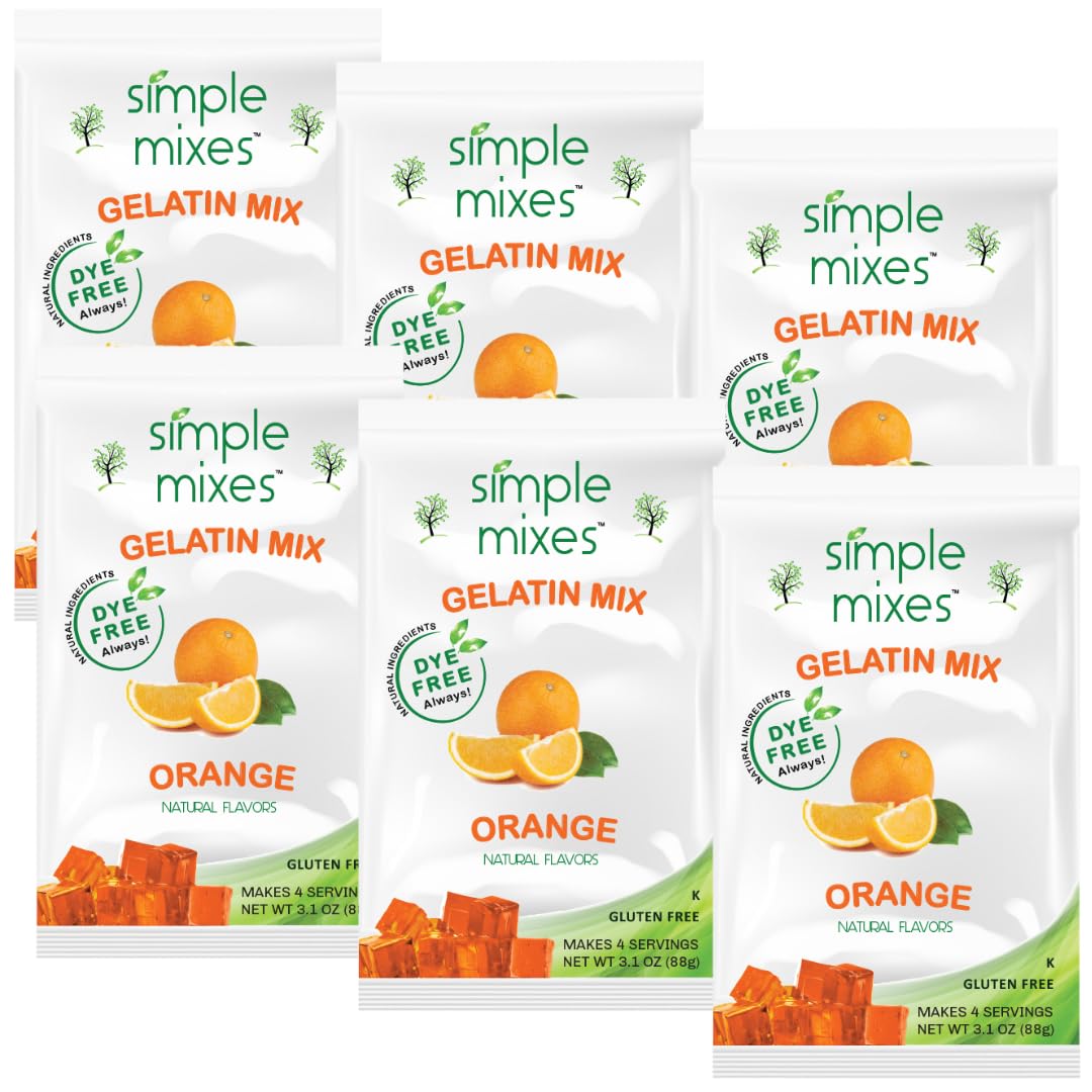 Simple Mixes orange gelatin dessert packaging on kitchen counter, quick family treat.