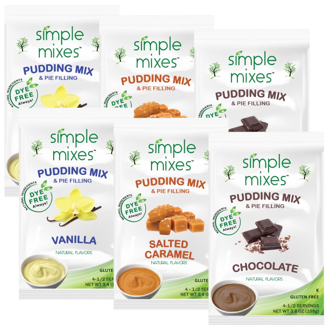 Simple Mixes pudding variety pack front showcases gluten-free dessert options.