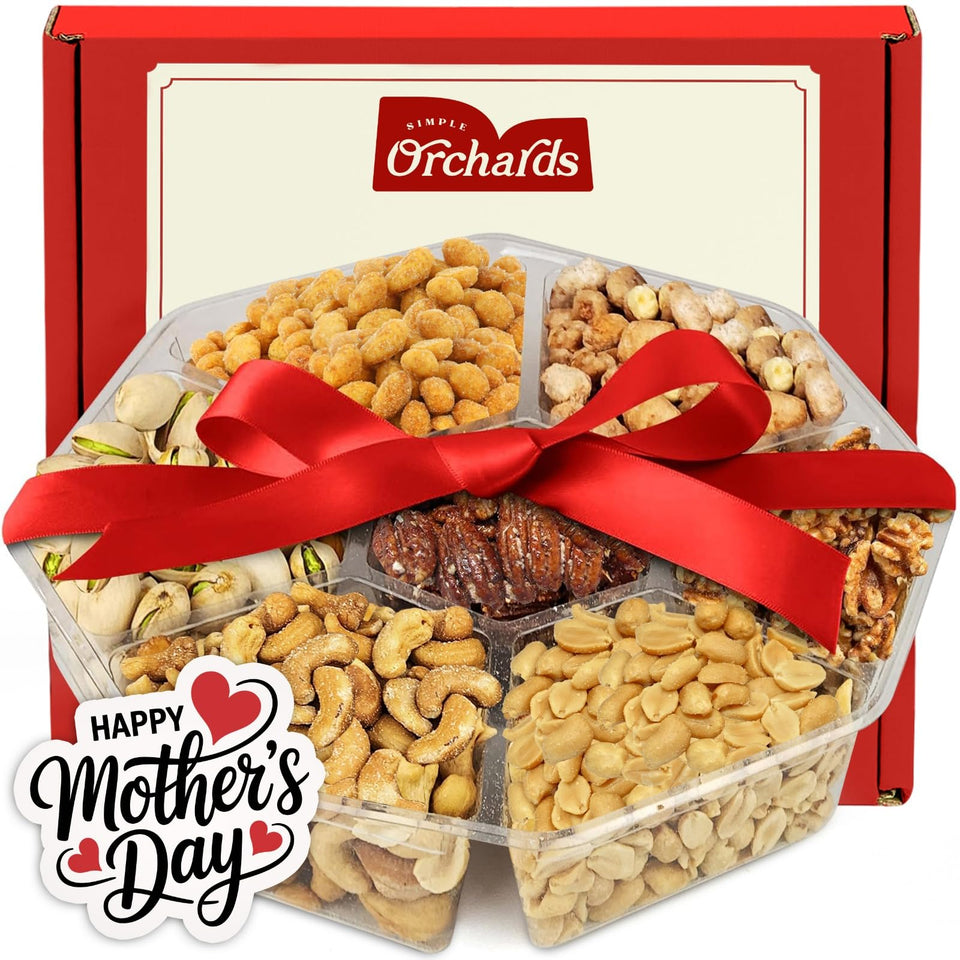 Simple Orchards Mothers Day nuts gift basket on a premium seven-section platter for gifting
