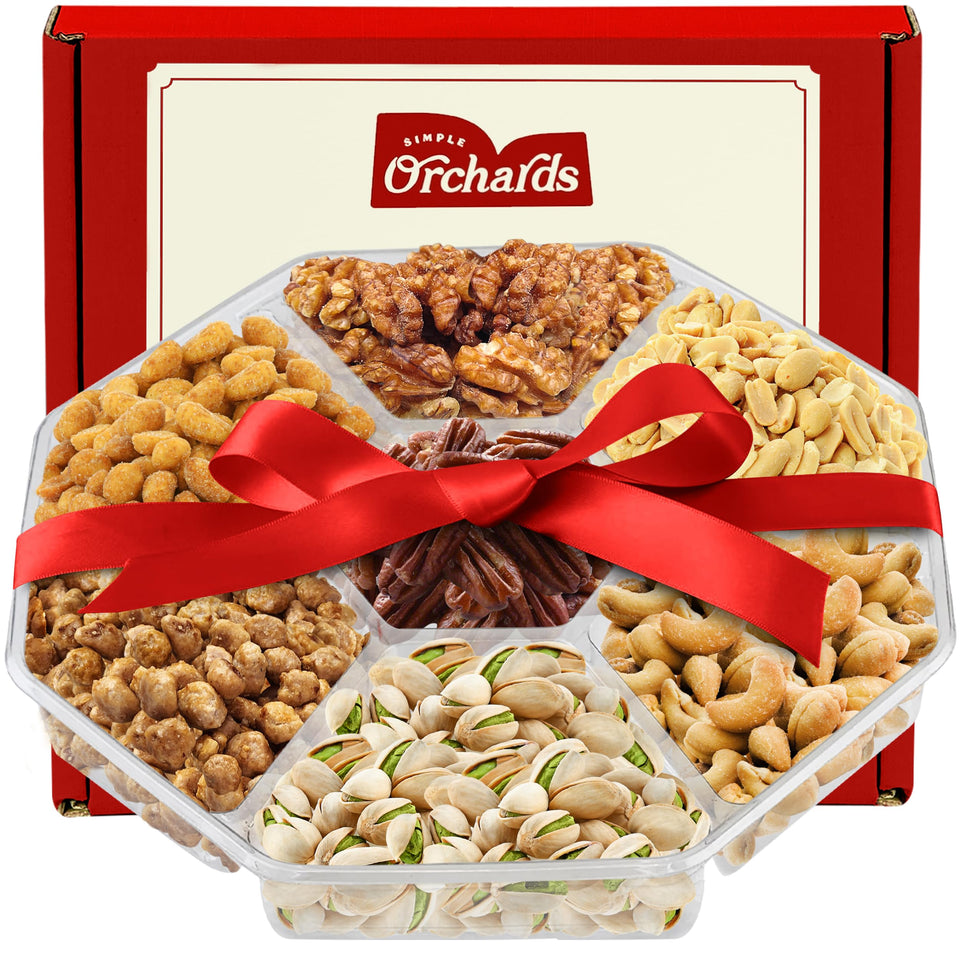 Simple Orchards Mothers Day Nuts Gift Basket with 7-section platter, ready for gifting