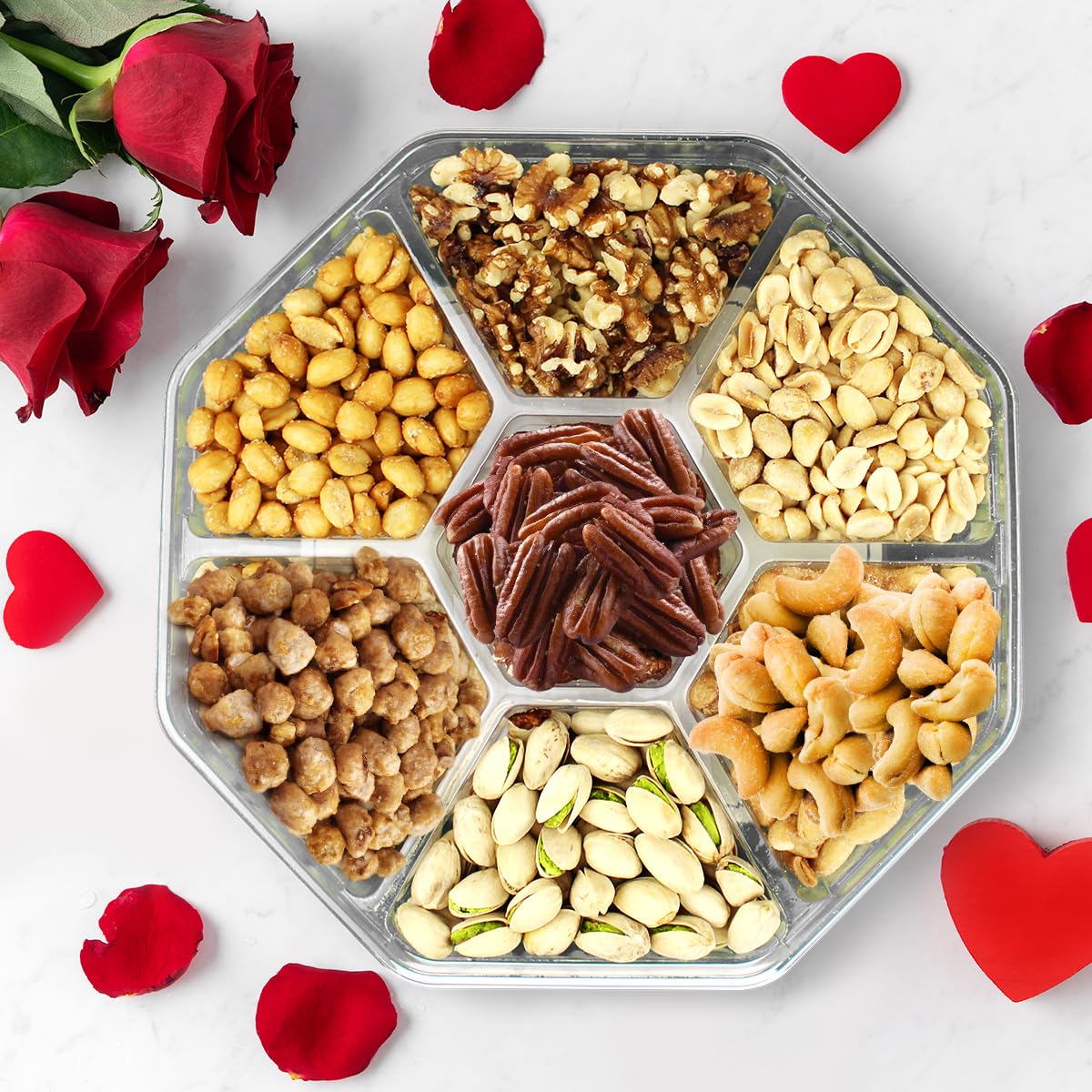 Close-up of roasted mixed nuts in Simple Orchards basket highlighting freshness