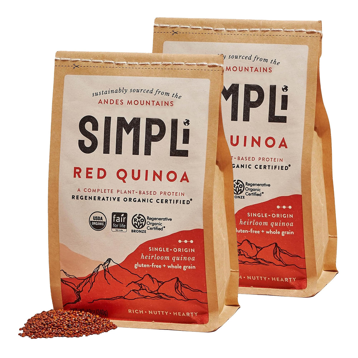 SIMPLi regenerative organic red quinoa pack, ready to cook with a rich nutty aroma.