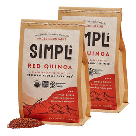 SIMPLi regenerative organic red quinoa pack, ready to cook with a rich nutty aroma.