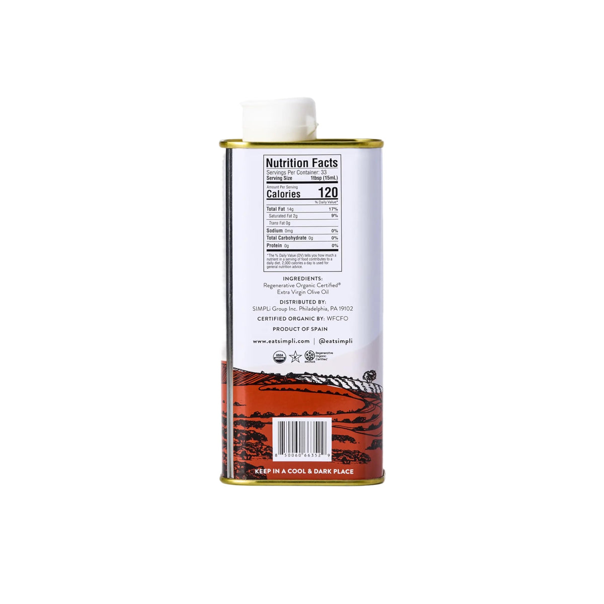 SIMPLi Spanish EVOO tin packaging preserves freshness and potency from harvest to table.