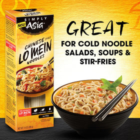 Cold noodle salad with Simply Asia Lo Mein noodles and colorful vegetables.