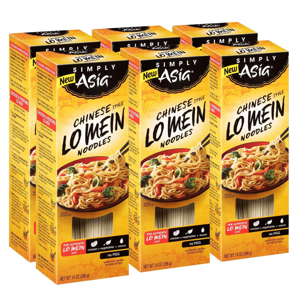 Simply Asia Lo Mein noodles packaging on shelf, a convenient pantry staple.