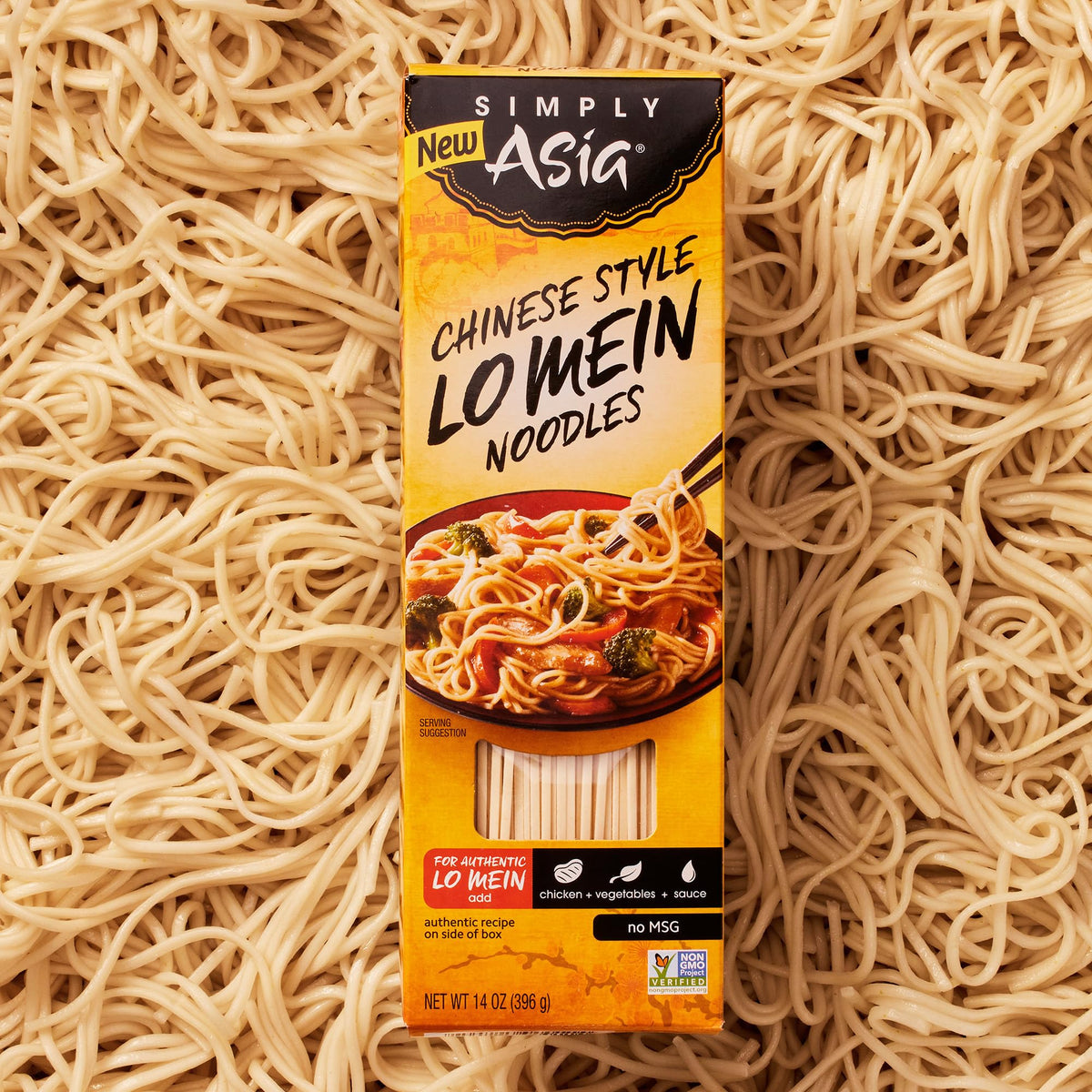 Serving Simply Asia Lo Mein noodles with fresh veggies and sauce.