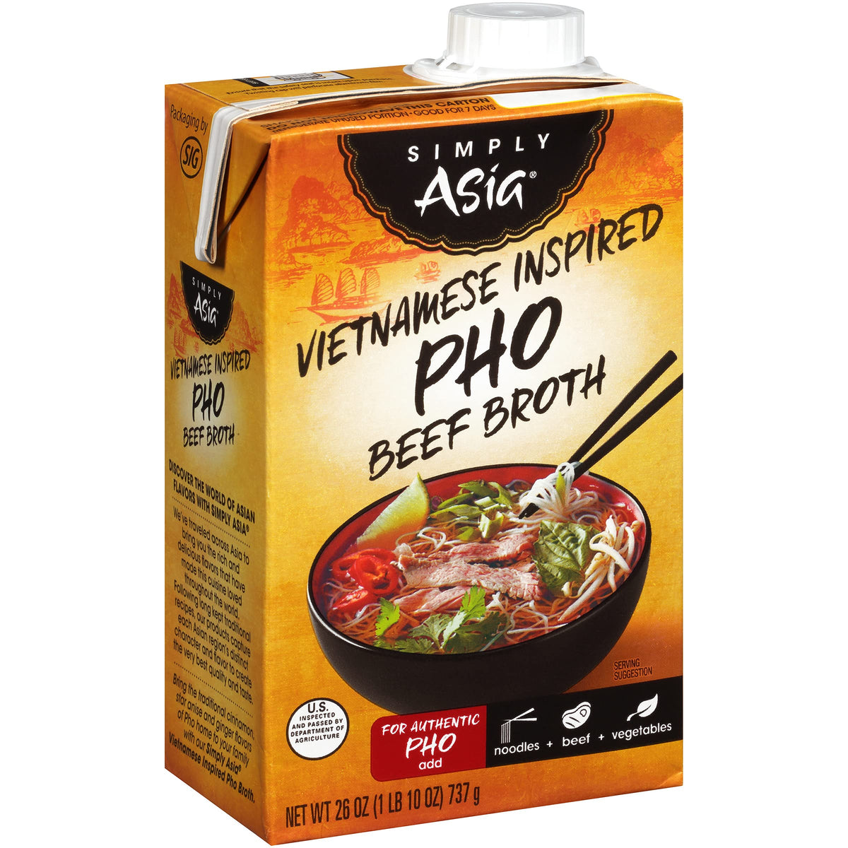 Simply Asia Pho Beef Broth label highlights gluten-free recipe base