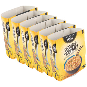 Simply Asia sesame teriyaki noodle bowl packaging shows a six-pack for quick meals.