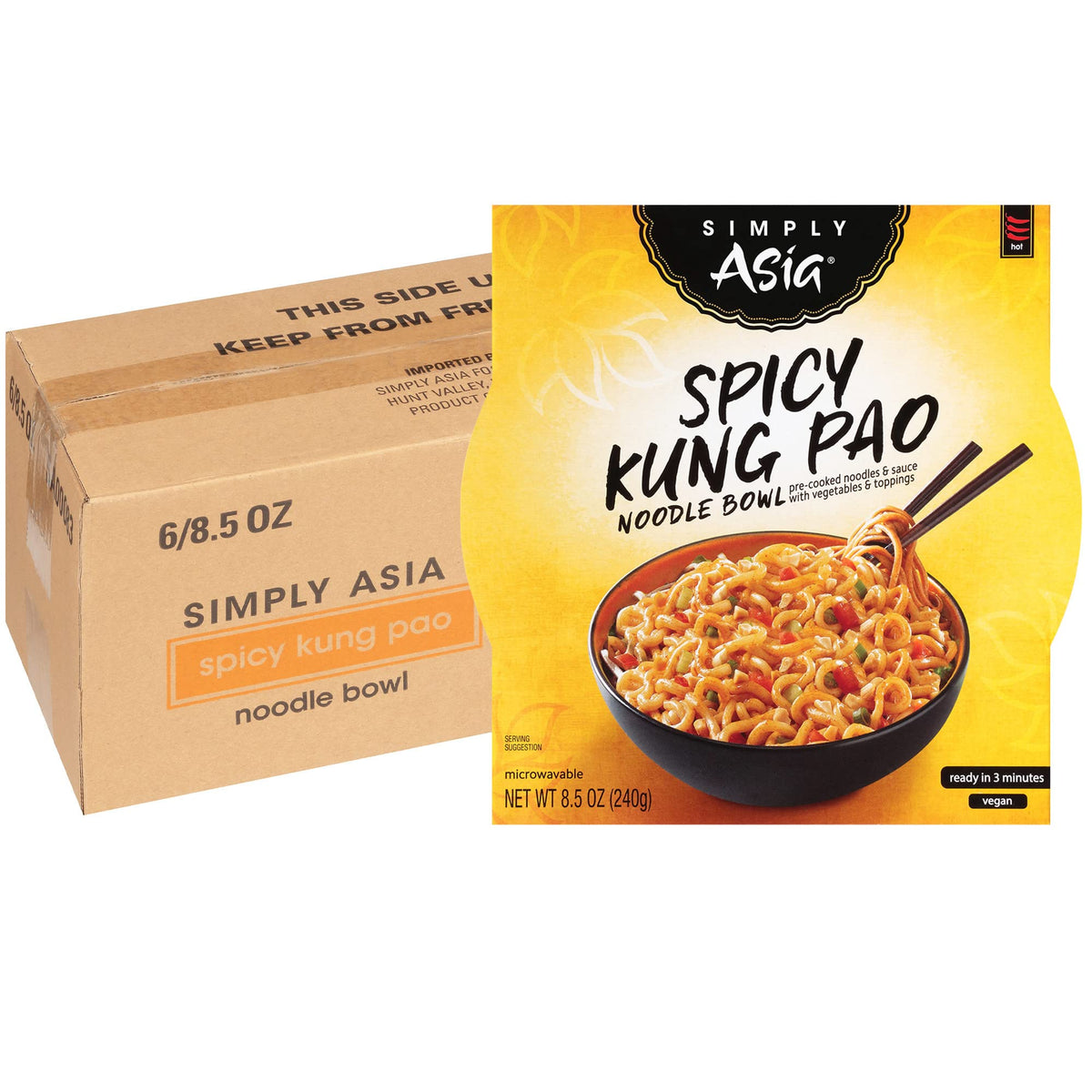 Simply Asia Spicy Kung Pao Noodle Bowl cup with sauce and crushed peanuts for a quick meal
