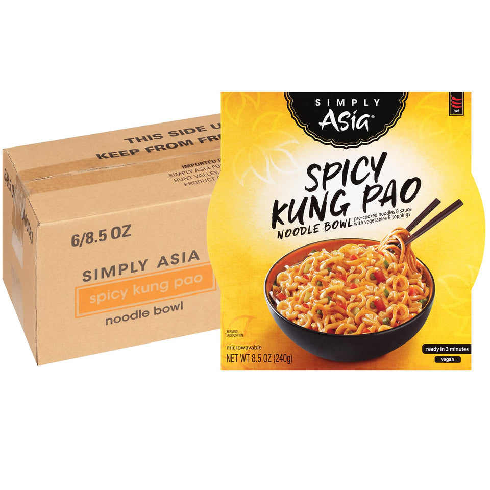 Simply Asia Spicy Kung Pao Noodle Bowl cup with sauce and crushed peanuts for a quick meal