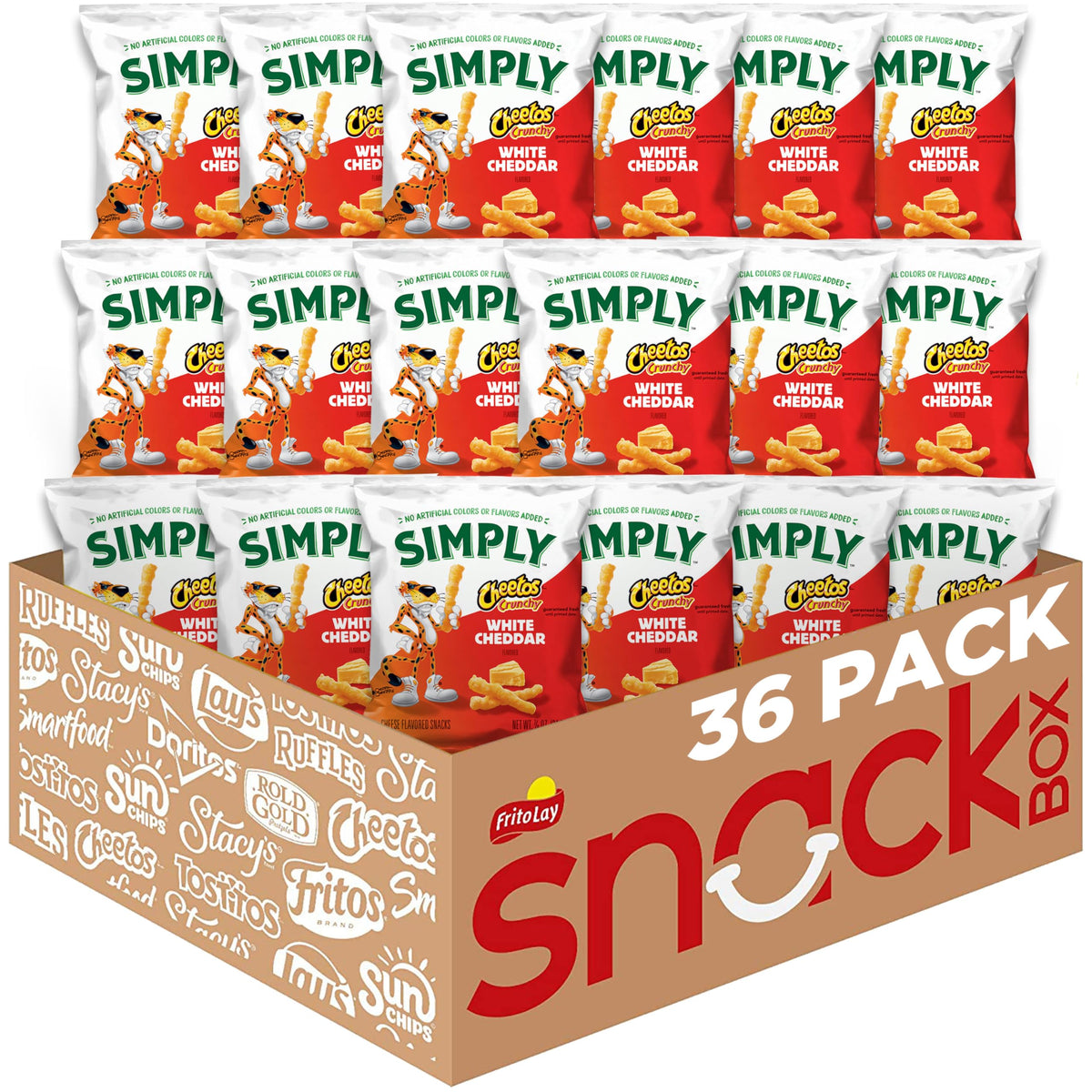 Simply Cheetos Crunchy White Cheddar 36-pack bags ready for sharing