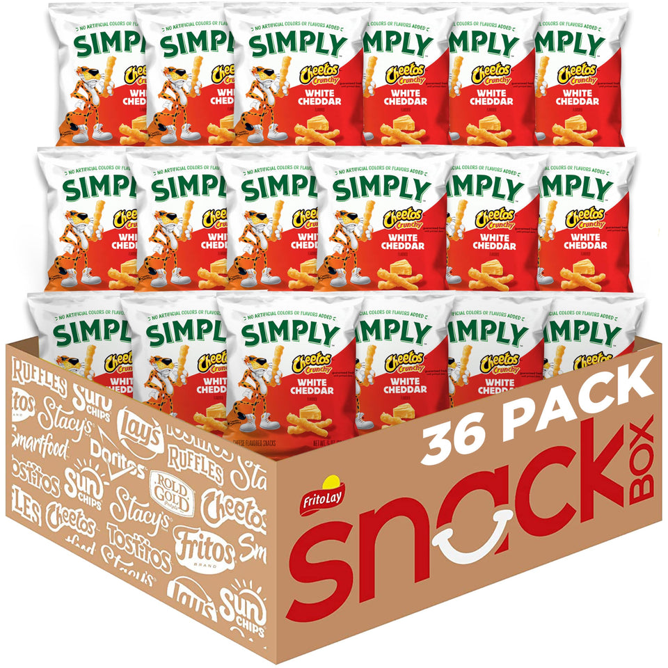 Simply Cheetos Crunchy White Cheddar 36-pack bags ready for sharing