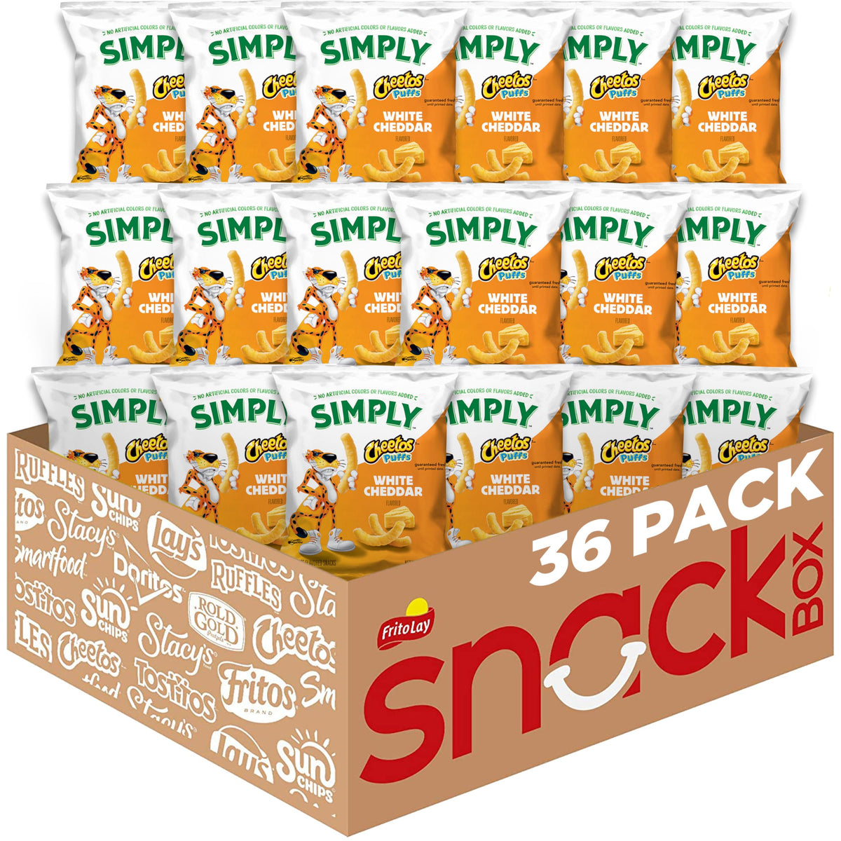 Simply Cheetos White Cheddar puffs in a bag for convenient snacking.