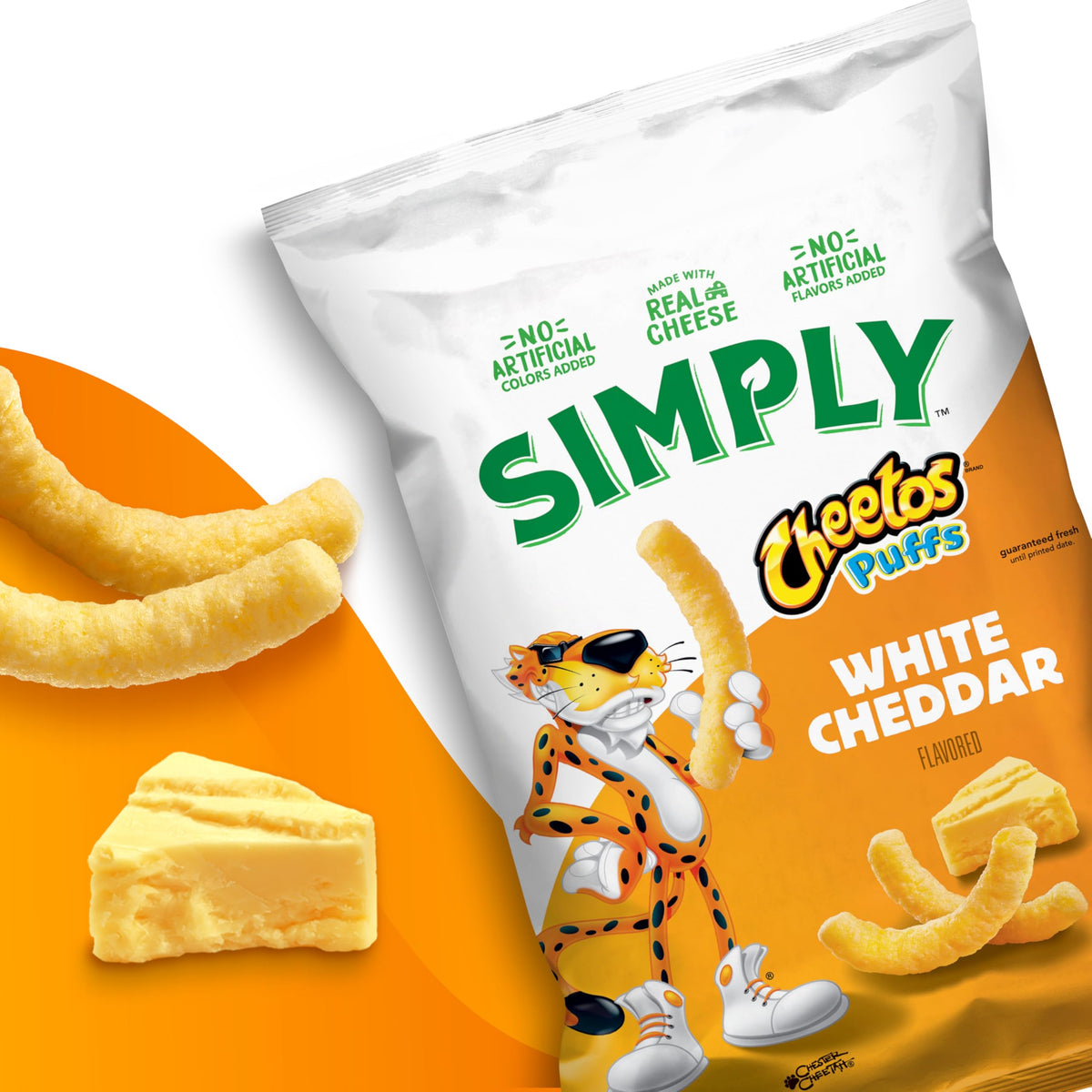 Single serving Simply Cheetos White Cheddar puffs ready to enjoy on the go.