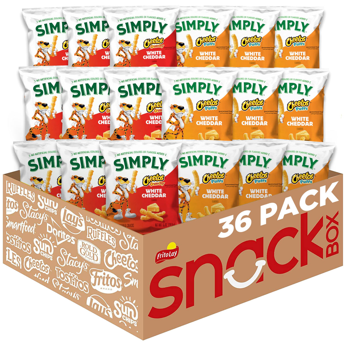 Simply Cheetos White Cheddar Crunchy and Puffs variety pack—shareable assortment.