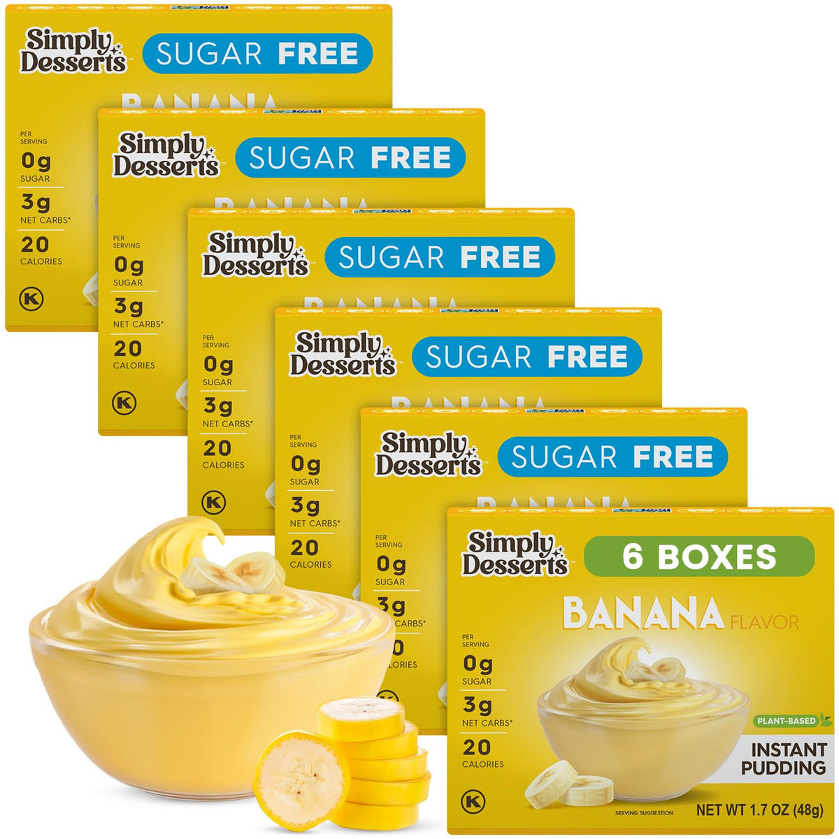Simply Delish Banana Instant Pudding 6-pack box, convenient sugar-free dessert option.