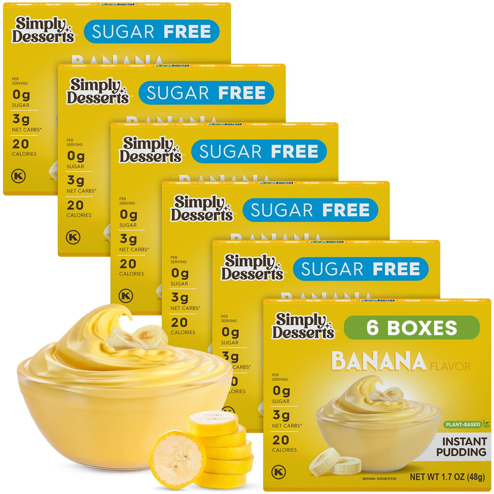 Simply Delish Banana Instant Pudding 6-pack box, convenient sugar-free dessert option.