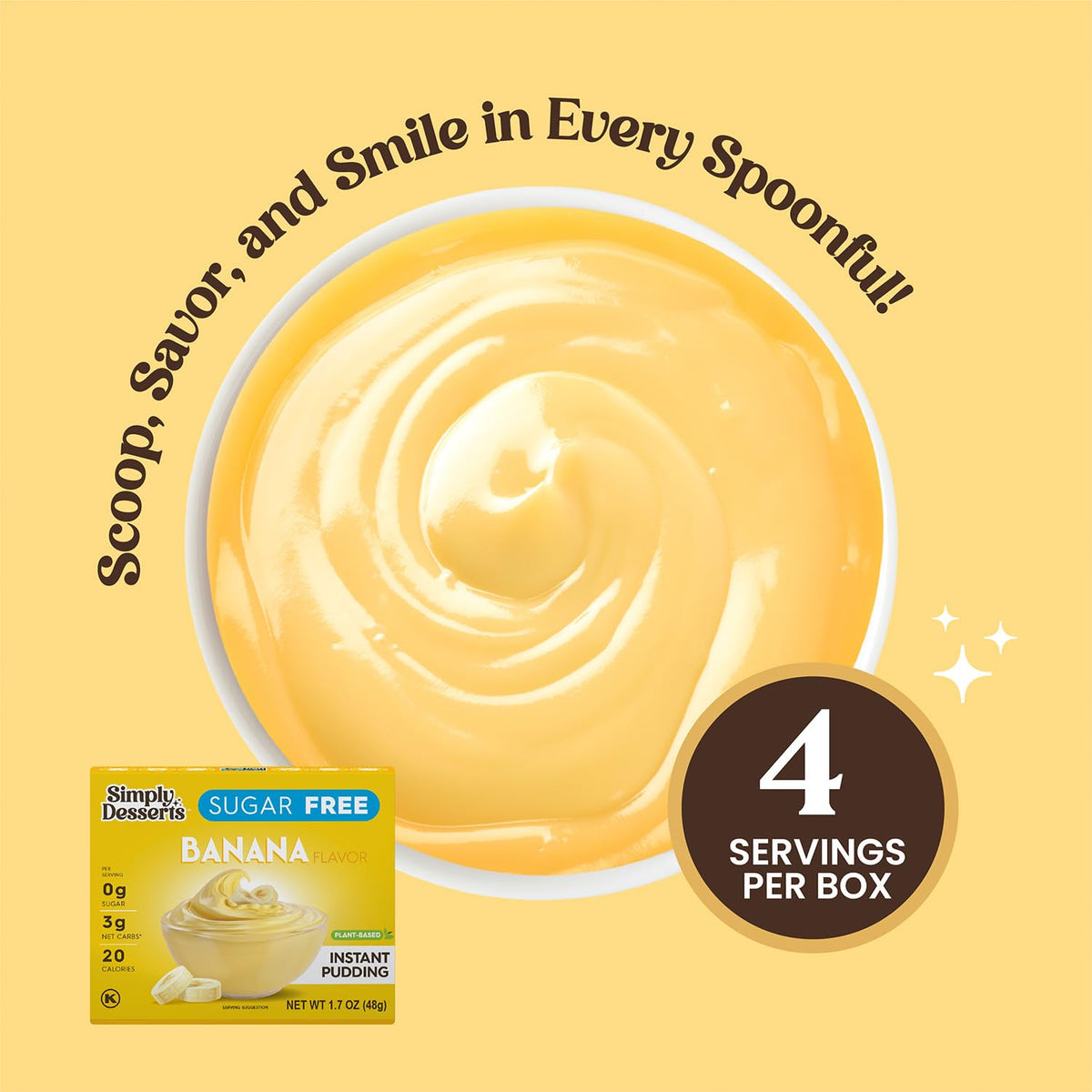 Nutrition label on Simply Delish Banana Pudding highlights low calories and low carbs.